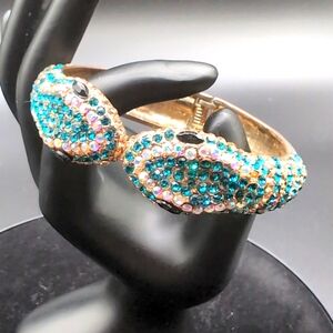 Gold Toned Blue and Pink Stoned Double Headed Snake Hinged Bracelet